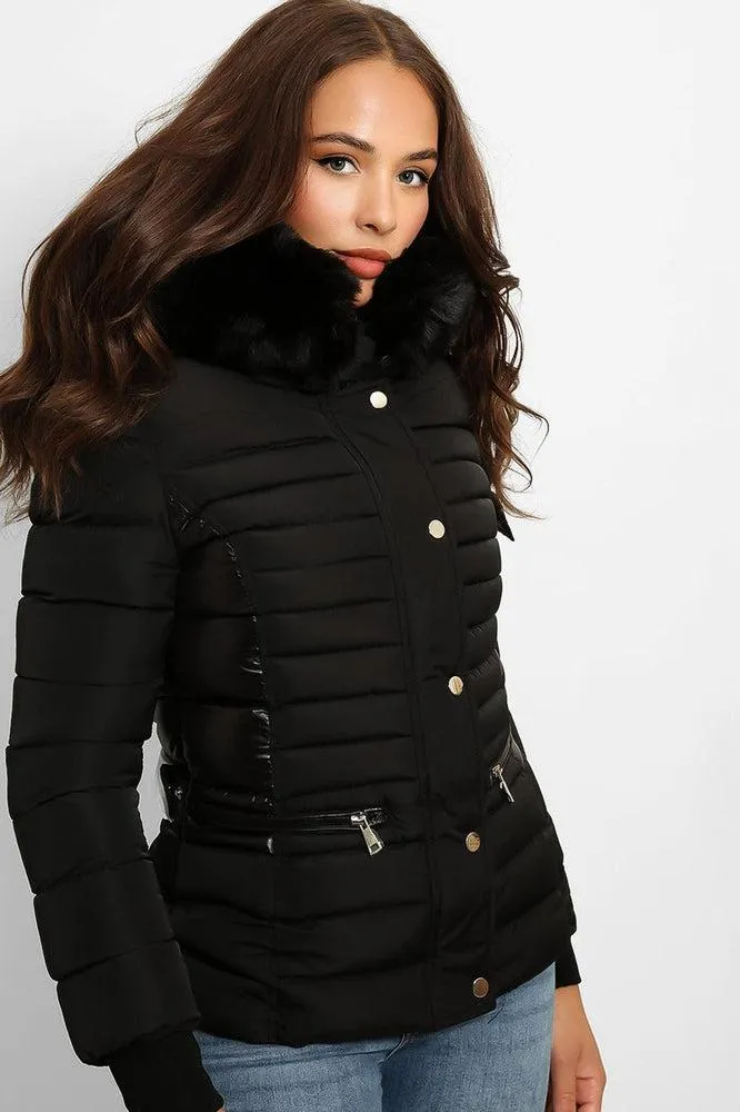 Faux Fur Trim Hood Zip Pockets Parka Jacket