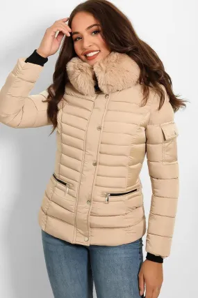 Faux Fur Trim Hood Zip Pockets Parka Jacket