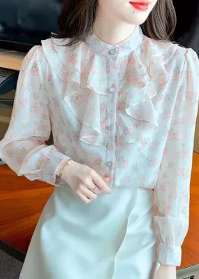 French Stand Collar Ruffled Print Chiffon Shirt Top Summer BV043