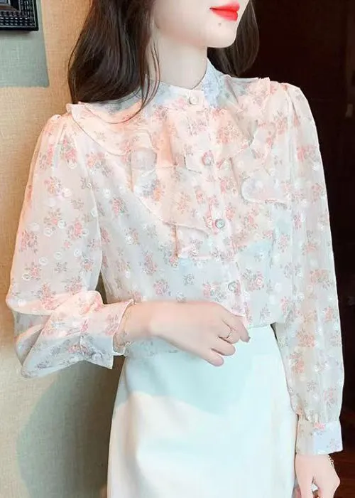 French Stand Collar Ruffled Print Chiffon Shirt Top Summer BV043