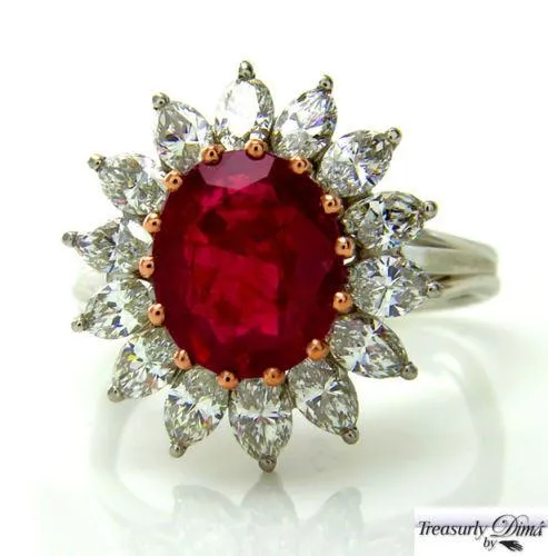 GIA 4.43CT VINTAGE BURMA NO HEAT RED RUBY DIAMOND ENGAGEMENT CLUSTER RING PLAT