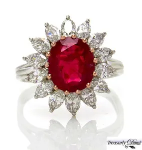 GIA 4.43CT VINTAGE BURMA NO HEAT RED RUBY DIAMOND ENGAGEMENT CLUSTER RING PLAT