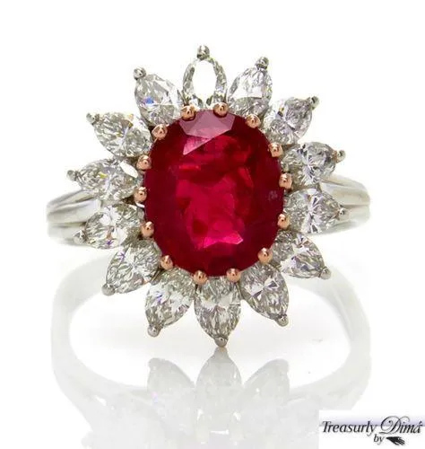 GIA 4.43CT VINTAGE BURMA NO HEAT RED RUBY DIAMOND ENGAGEMENT CLUSTER RING PLAT