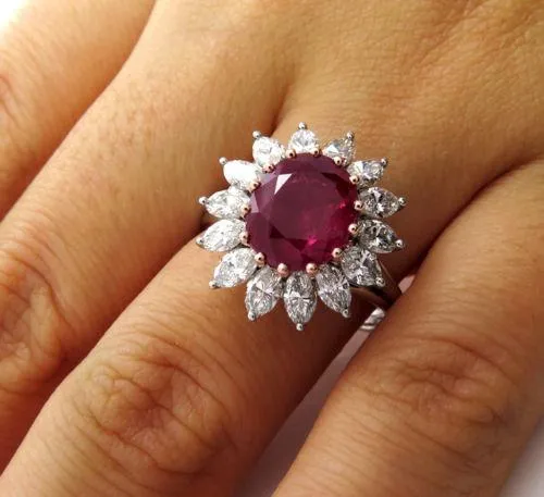 GIA 4.43CT VINTAGE BURMA NO HEAT RED RUBY DIAMOND ENGAGEMENT CLUSTER RING PLAT