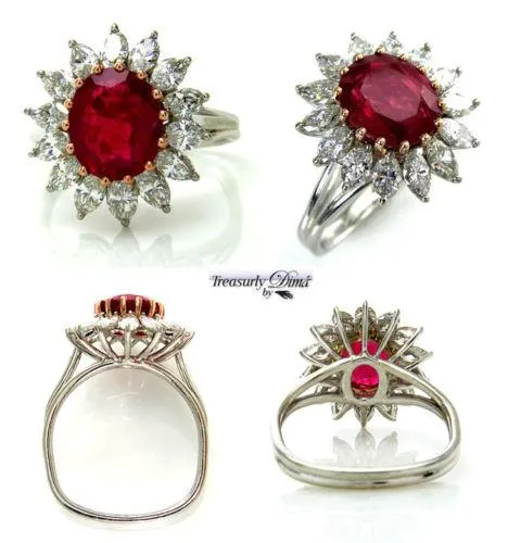 GIA 4.43CT VINTAGE BURMA NO HEAT RED RUBY DIAMOND ENGAGEMENT CLUSTER RING PLAT