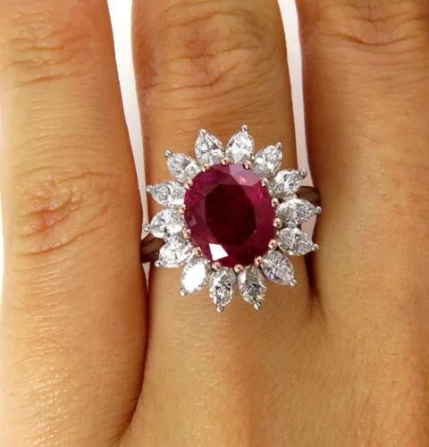 GIA 4.43CT VINTAGE BURMA NO HEAT RED RUBY DIAMOND ENGAGEMENT CLUSTER RING PLAT