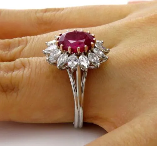 GIA 4.43CT VINTAGE BURMA NO HEAT RED RUBY DIAMOND ENGAGEMENT CLUSTER RING PLAT