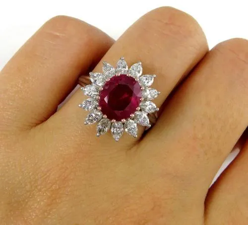 GIA 4.43CT VINTAGE BURMA NO HEAT RED RUBY DIAMOND ENGAGEMENT CLUSTER RING PLAT