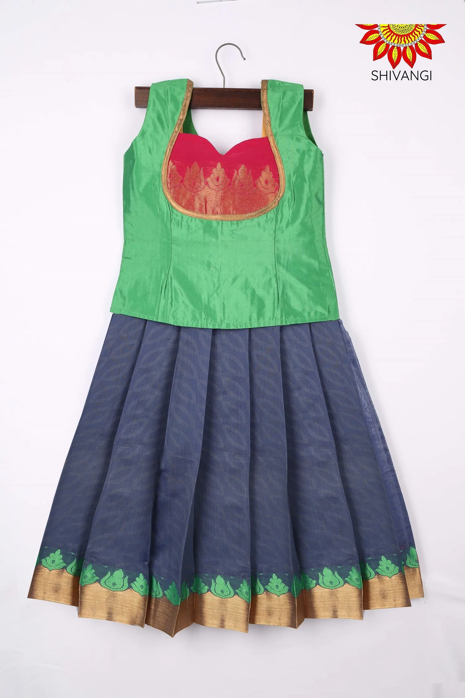 Girls Art Silk Dark Blue Pattu Pavadai