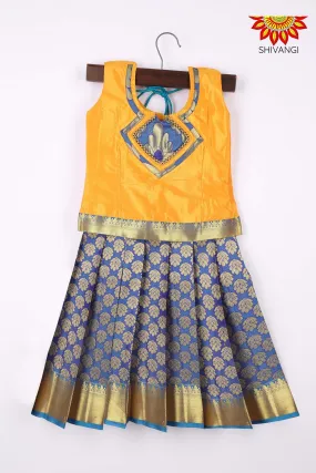 Girls Art Silk Pattu Pavadai Blue and Yellow