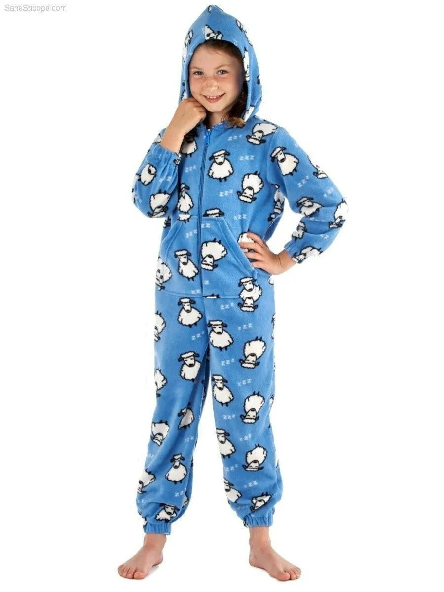 Girls Sheep Printed Zip Through, Hooded Fleece Onesies