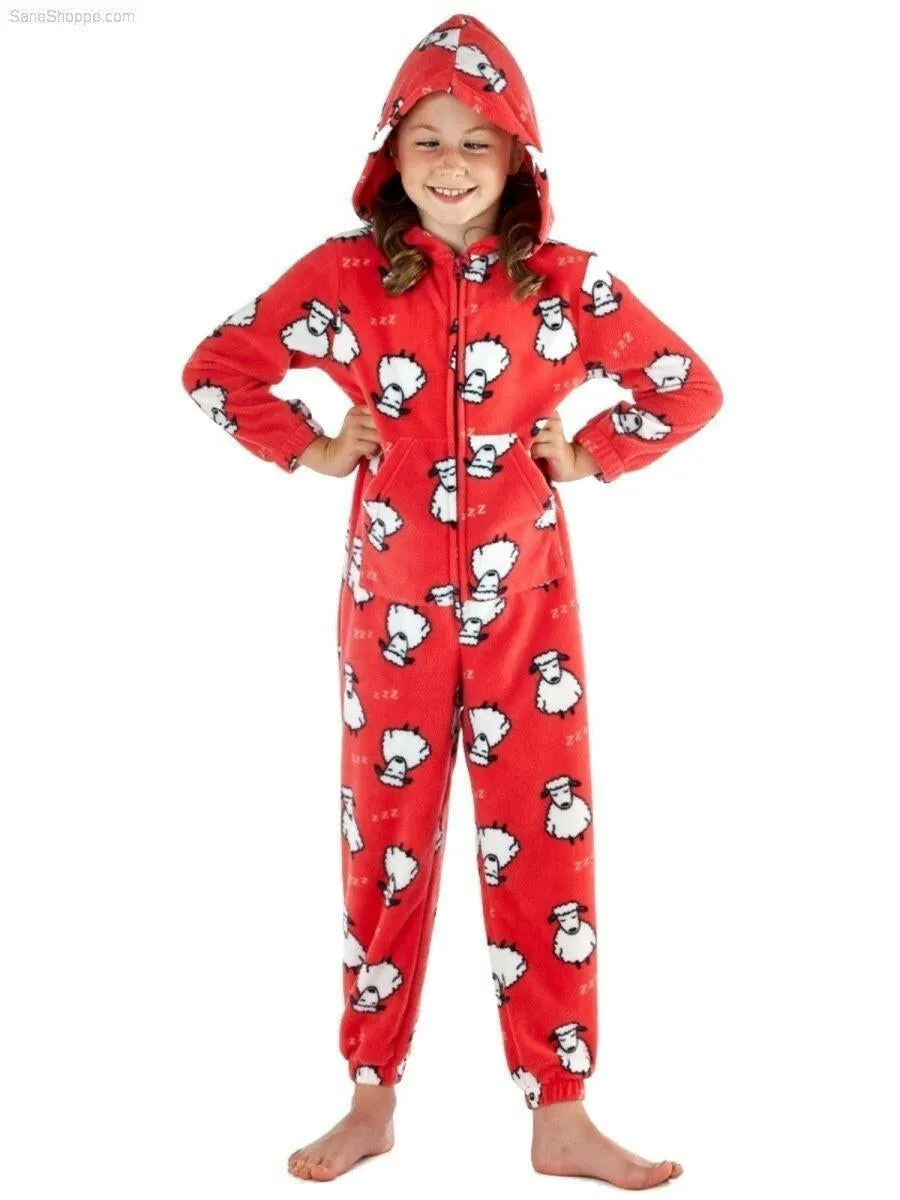 Girls Sheep Printed Zip Through, Hooded Fleece Onesies