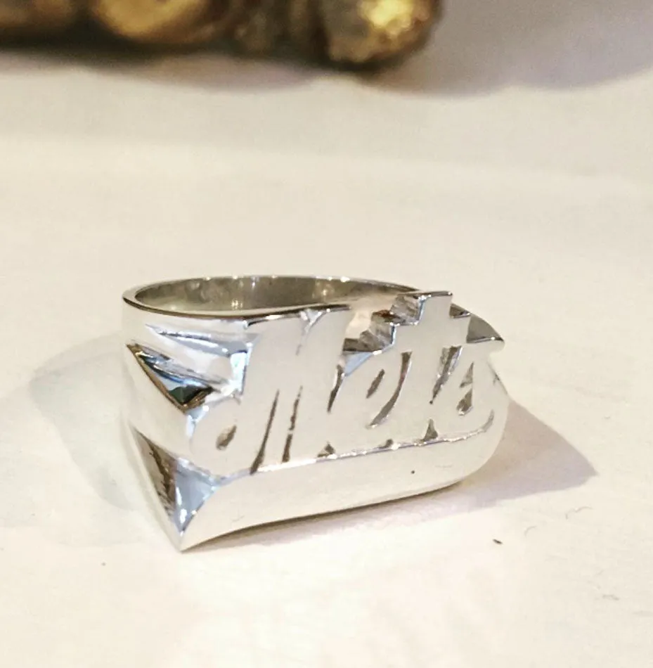 Gold Large Script Name Ring with Tail