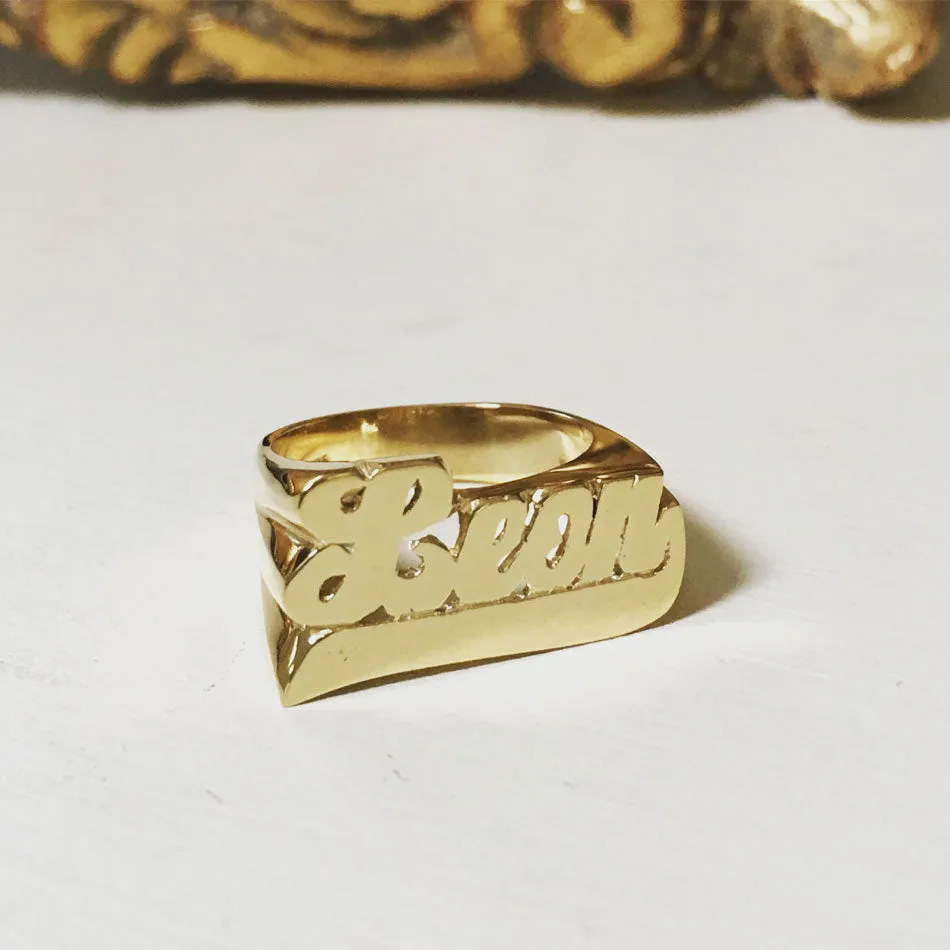 Gold Large Script Name Ring with Tail