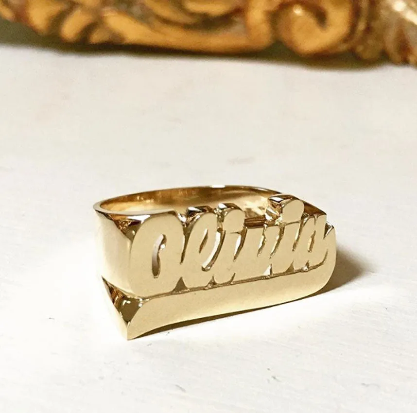 Gold Large Script Name Ring with Tail