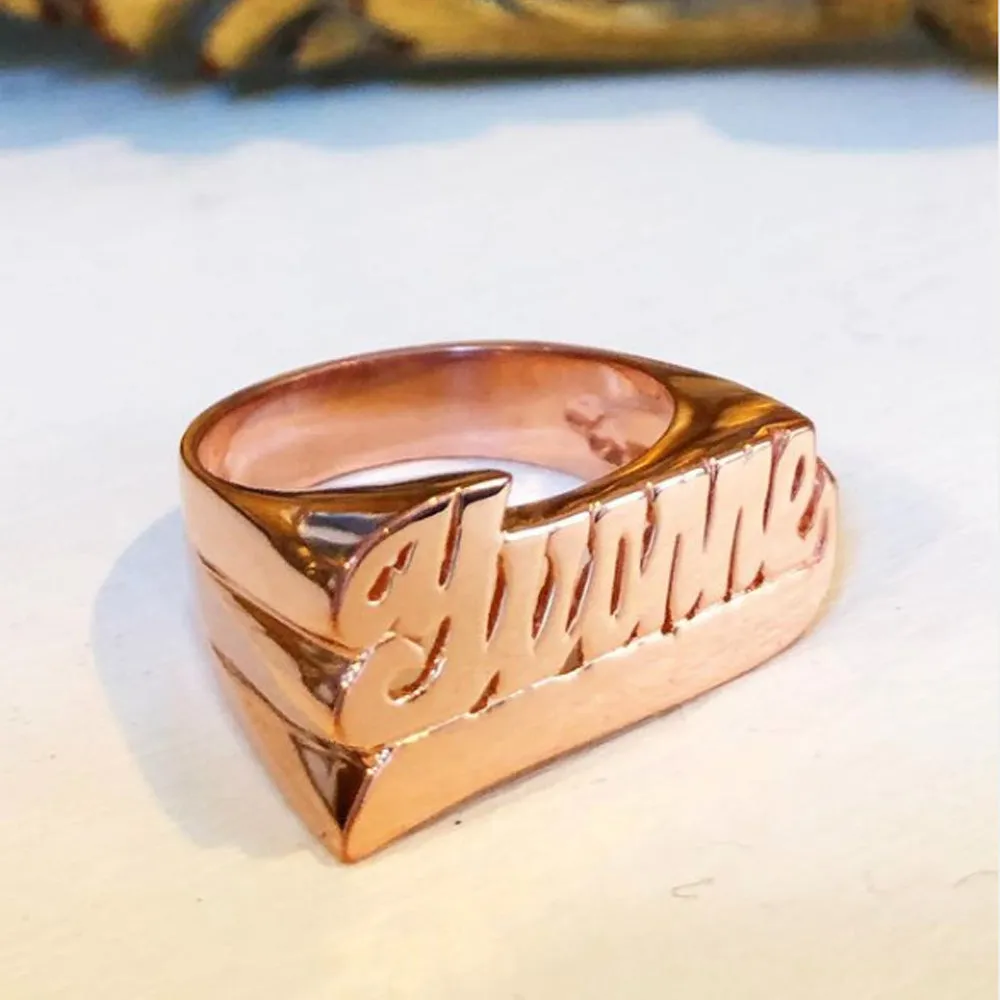 Gold Large Script Name Ring with Tail