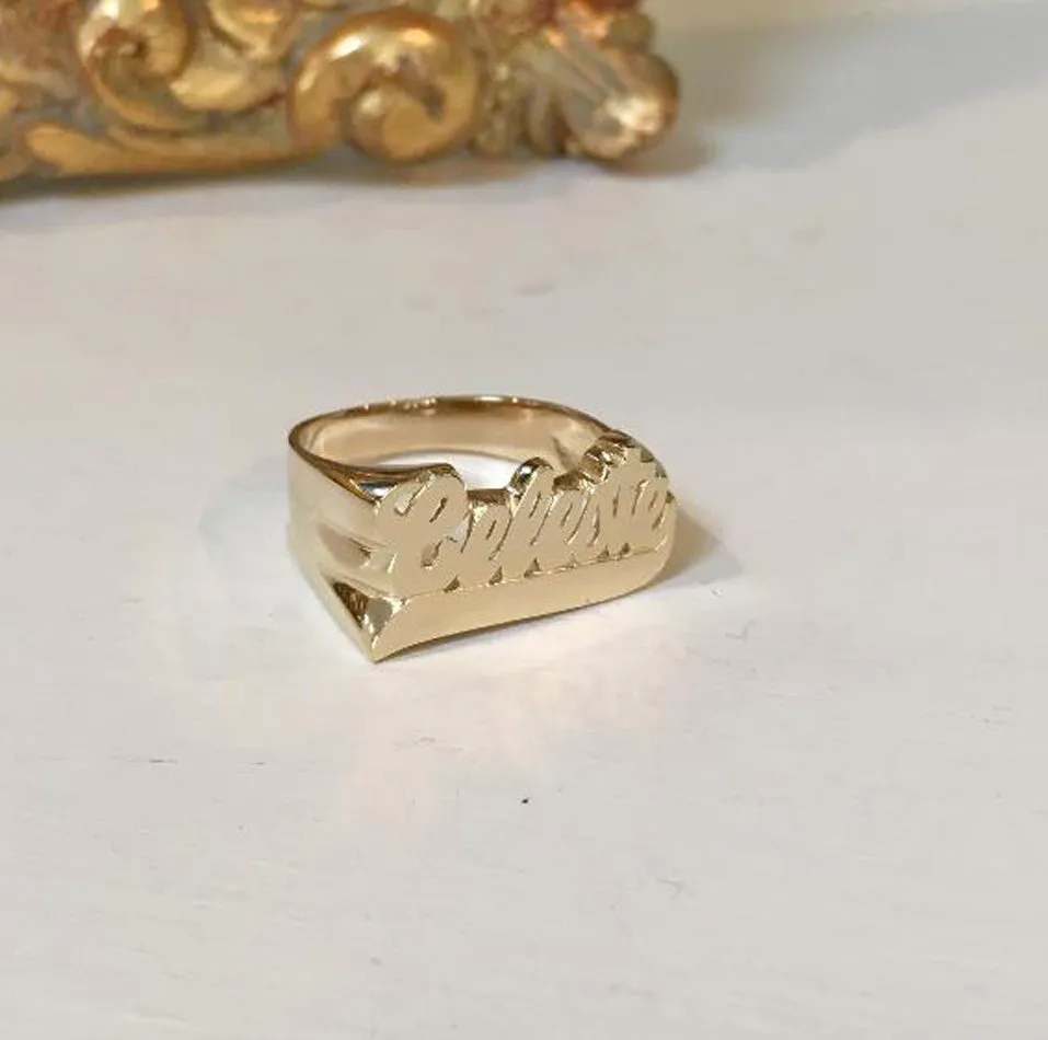 Gold Large Script Name Ring with Tail