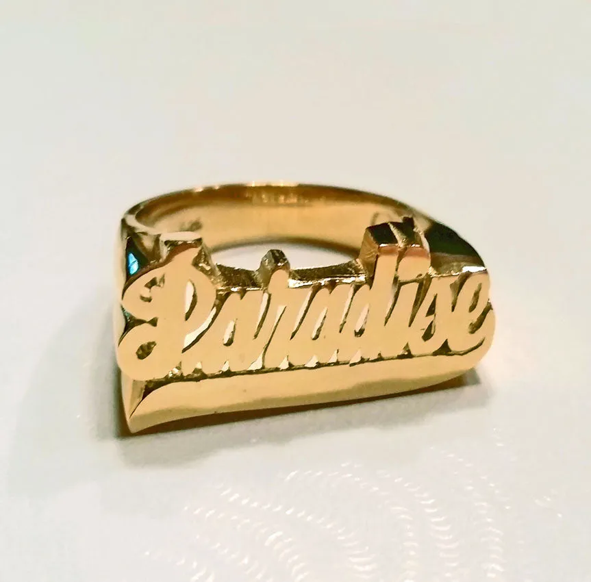 Gold Large Script Name Ring with Tail