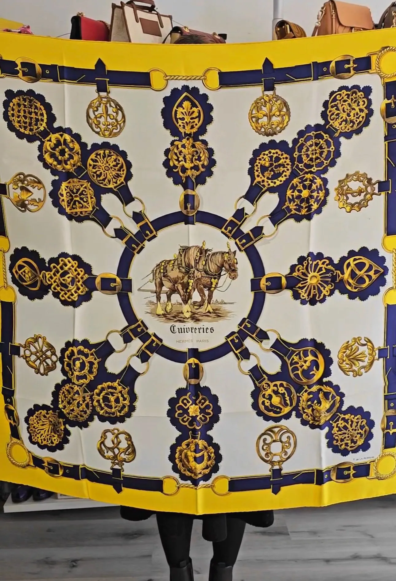 Hermes Vintage 1963 Cuivreries Yellow Navy Scarf