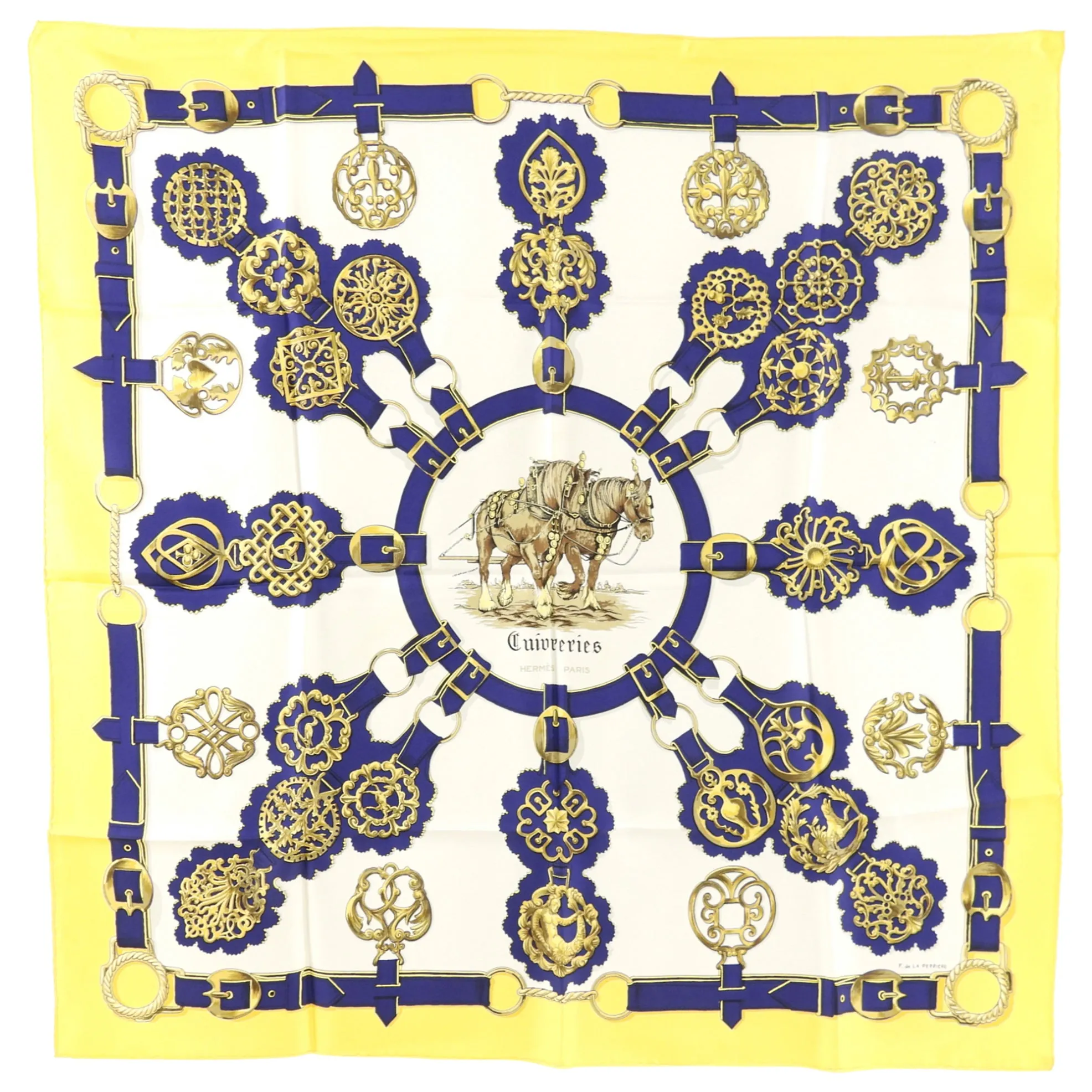 Hermes Vintage 1963 Cuivreries Yellow Navy Scarf