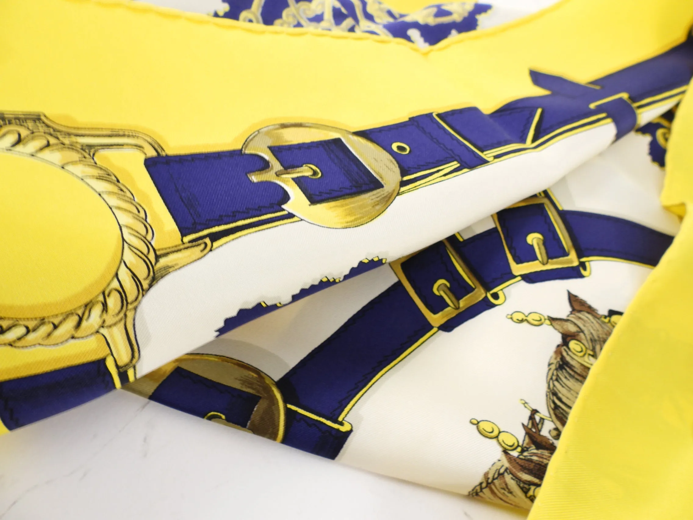 Hermes Vintage 1963 Cuivreries Yellow Navy Scarf