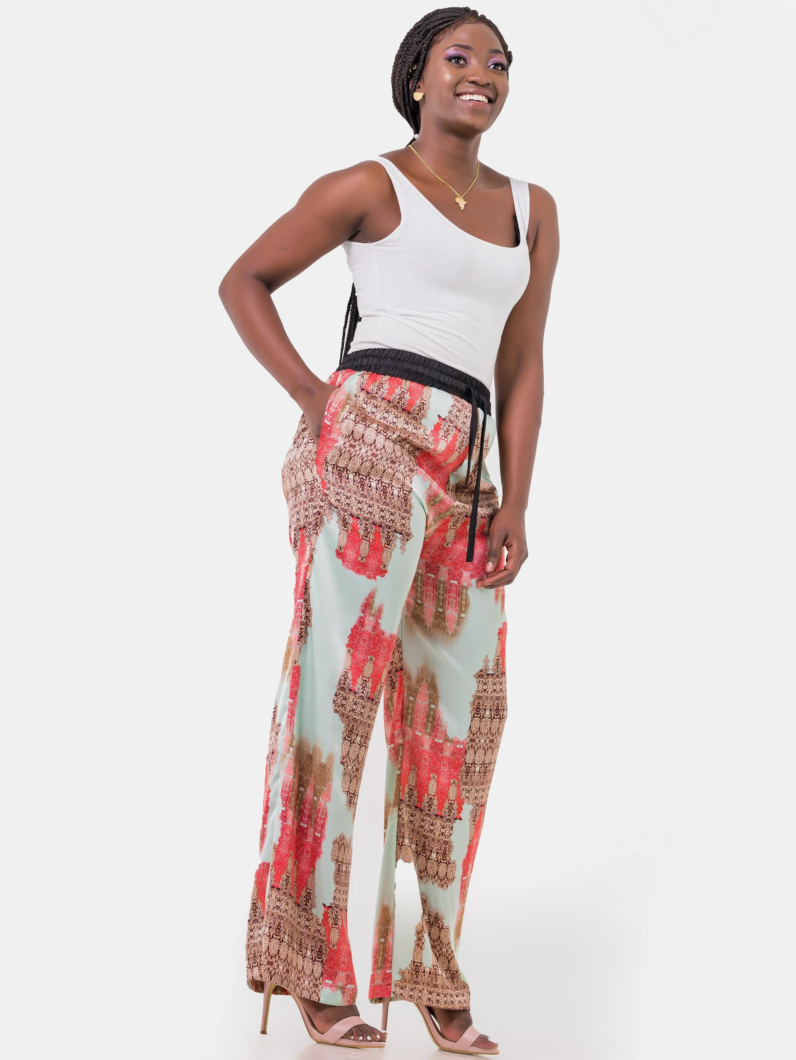 Hijabeefied Regular Satin Pants - Red Print