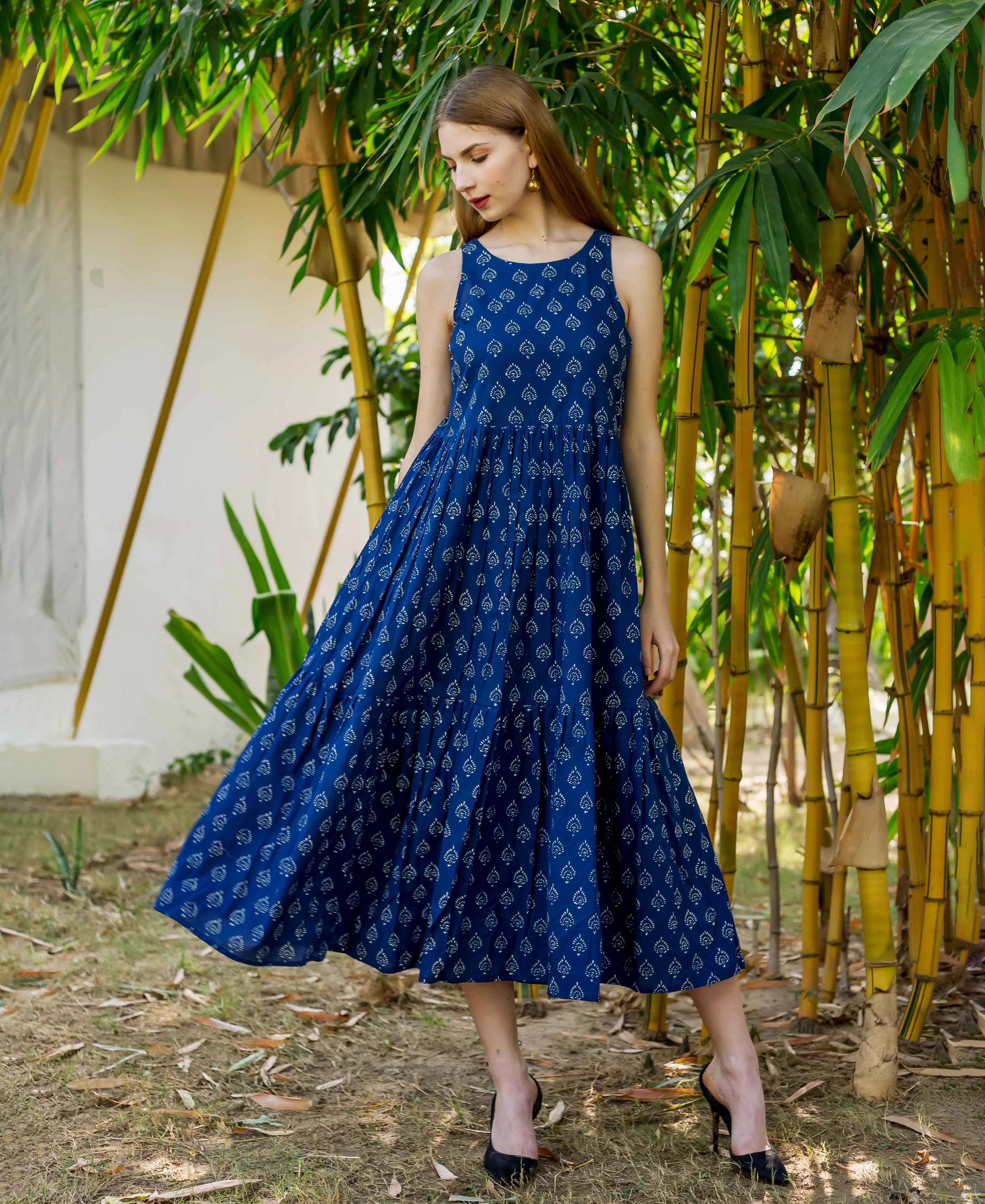 Indigo Hand Block Printed Sleeveless Tiered Dress