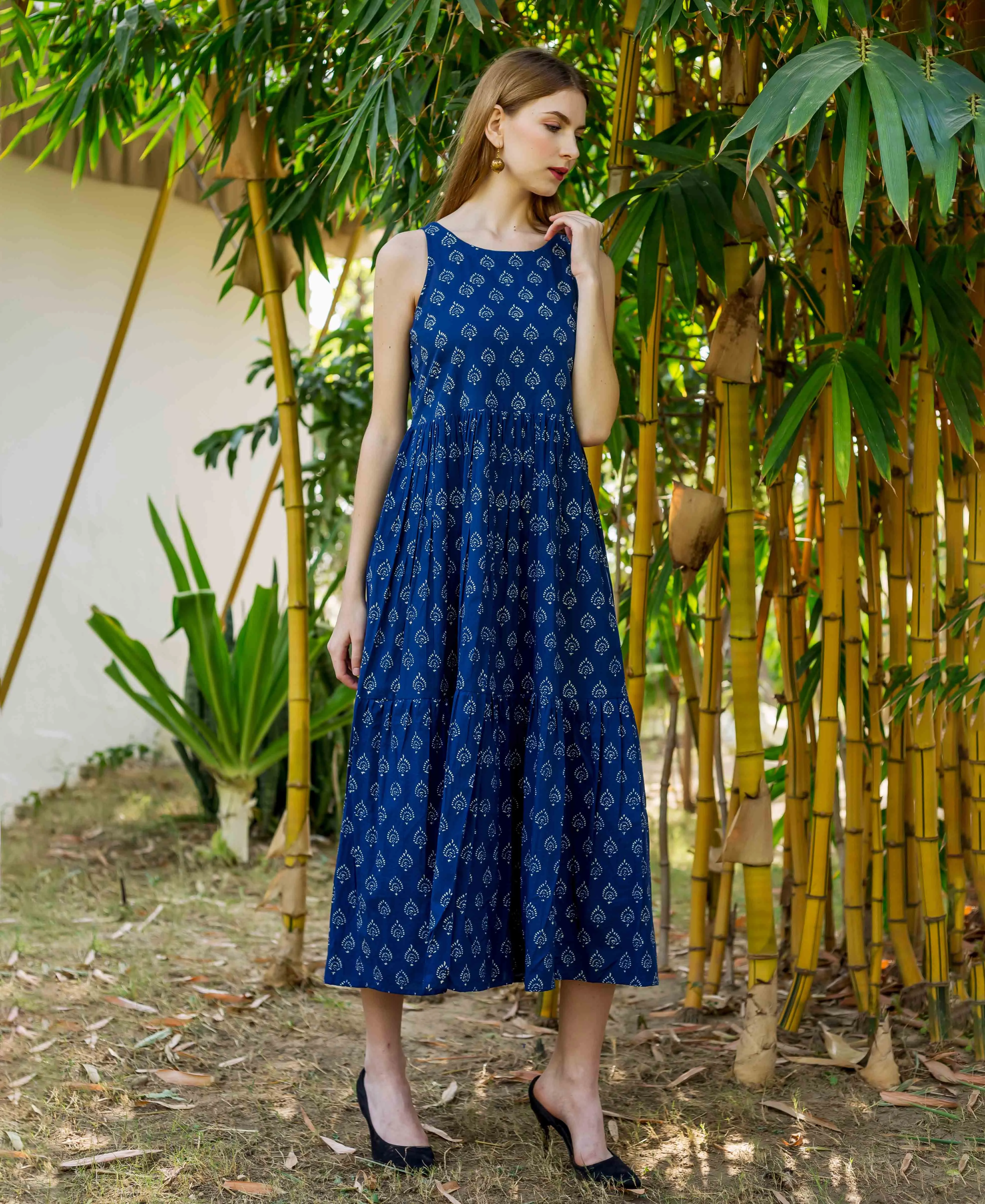 Indigo Hand Block Printed Sleeveless Tiered Dress