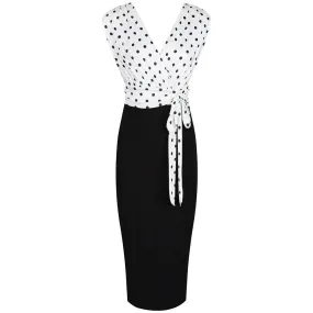 Ivory And Black Polka Dot Wrap Effect Bodycon Midi Dress