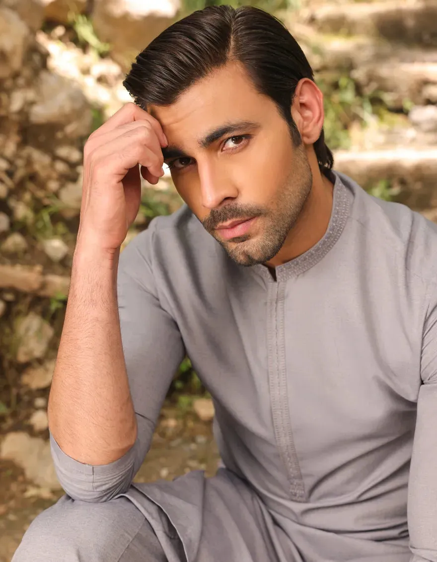 J. Mens Grey Blended Shalwar Kameez