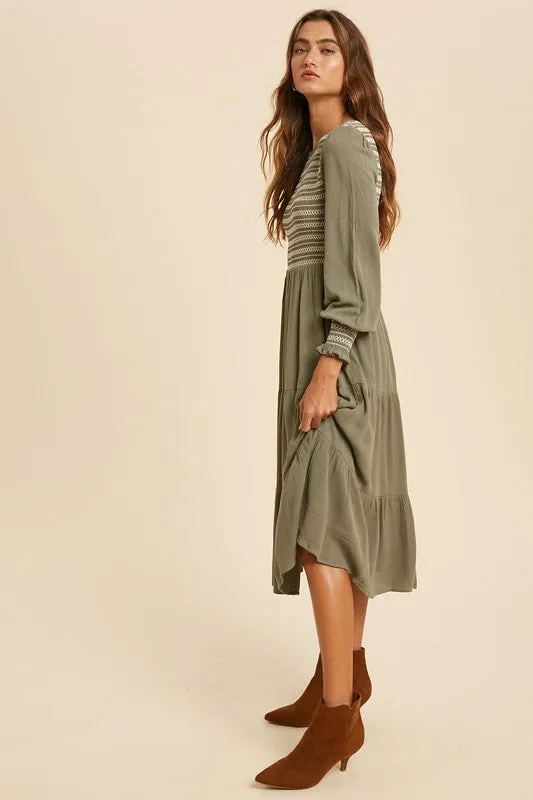 Jamie Smocked Midi Dress in Moss