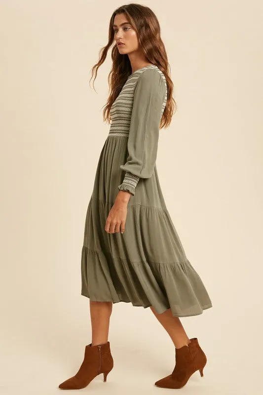 Jamie Smocked Midi Dress in Moss