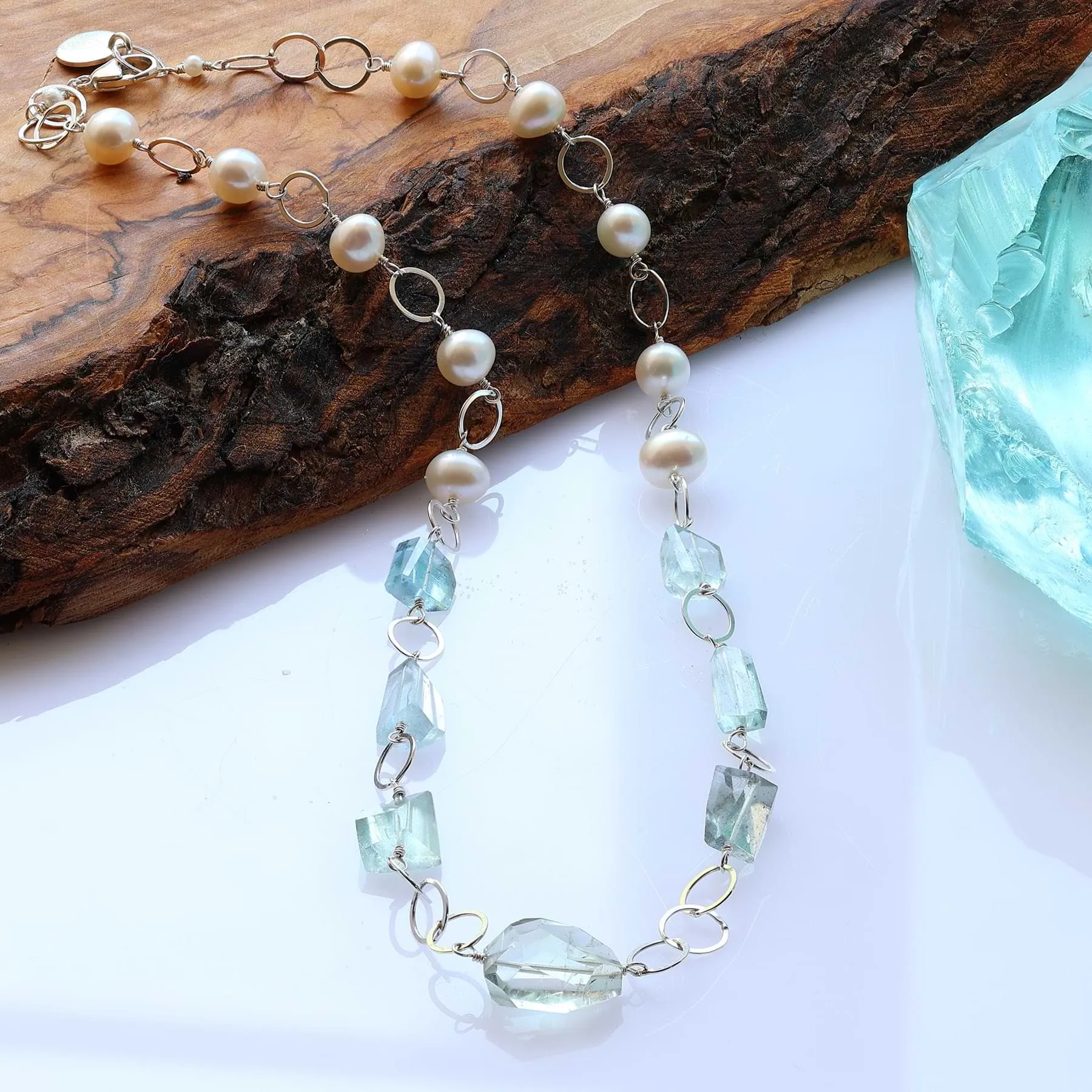 Kauai - Aquamarine and Pearl Silver Necklace