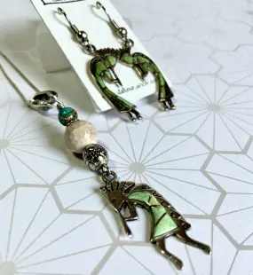 Kokopelli Green Turquoise Inlay Pendant and Earring SET