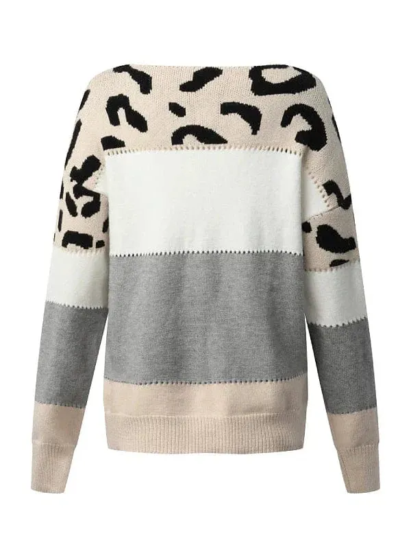 Leopard Color Block Knit Pullover Sweater - Blushing Pink/Gray/Red