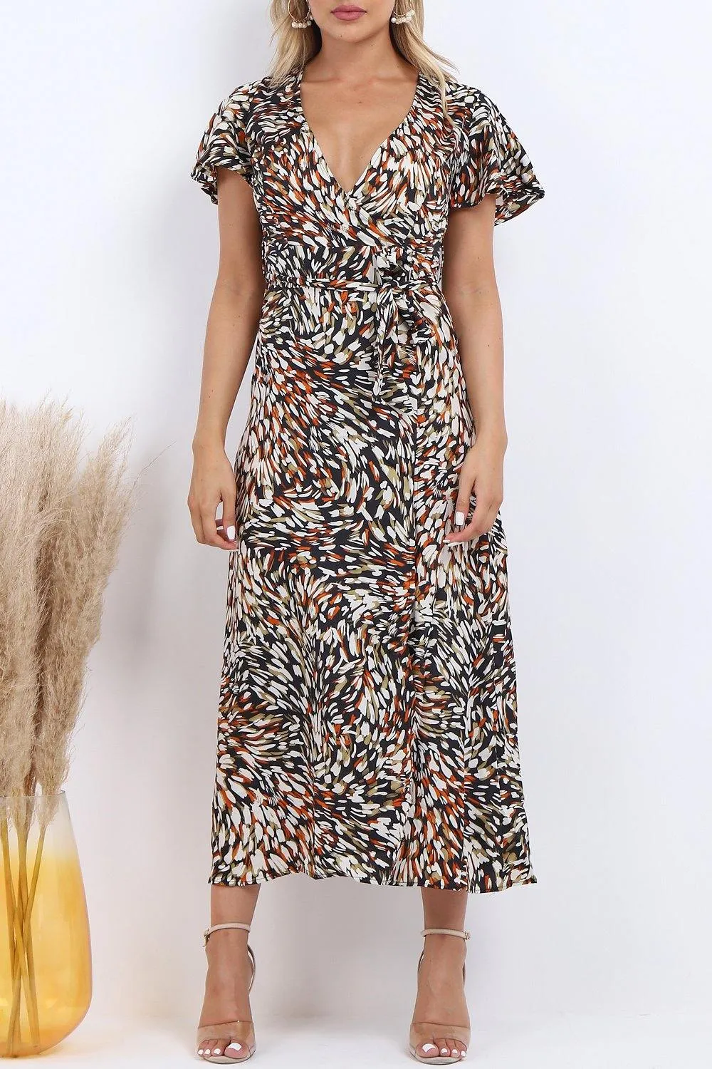 Lilura London Wrap Front Split Leg Maxi Dress In Multi Print