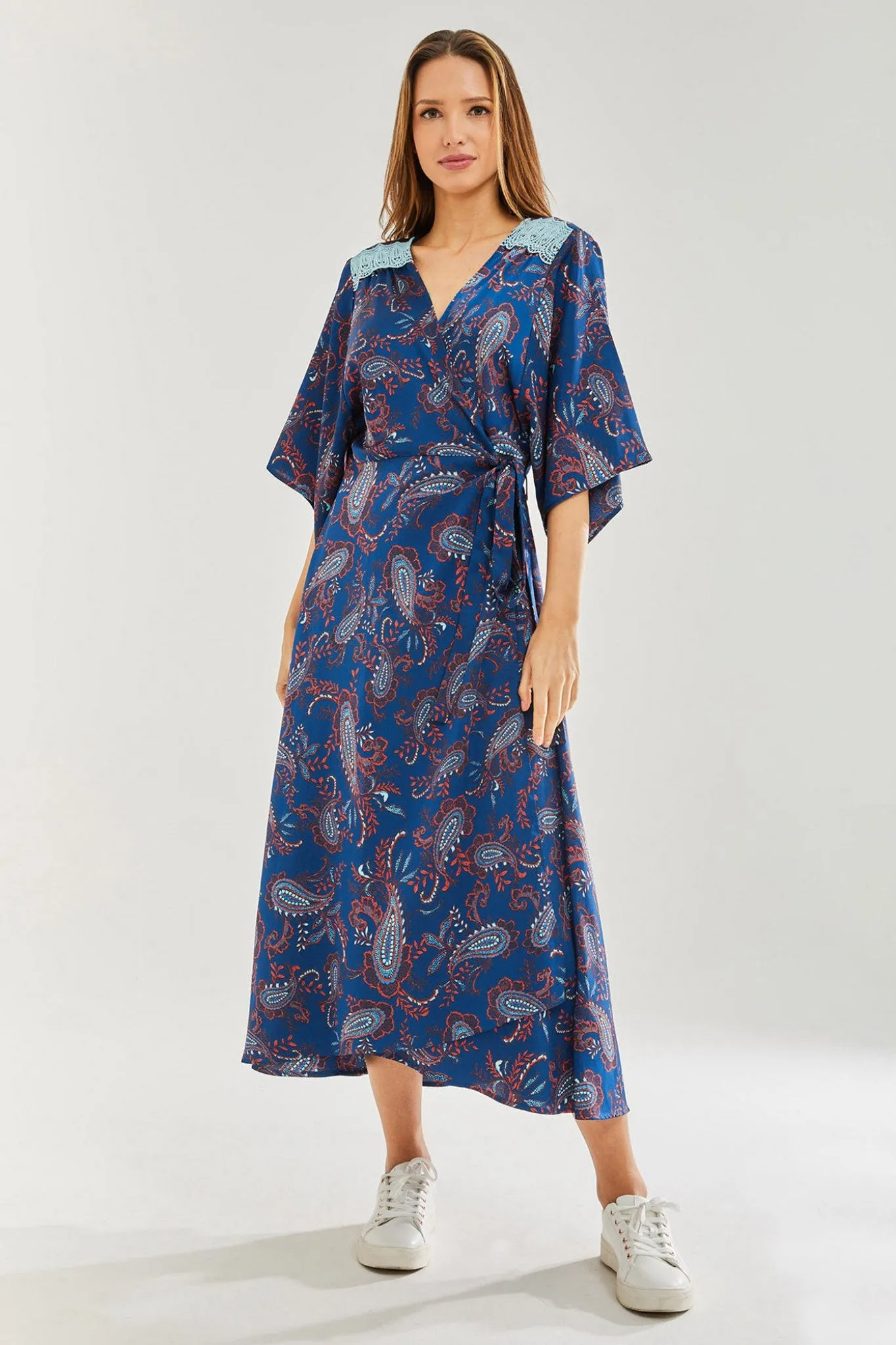 Liquorish Floral Print Wrap Dress With Lace Detail