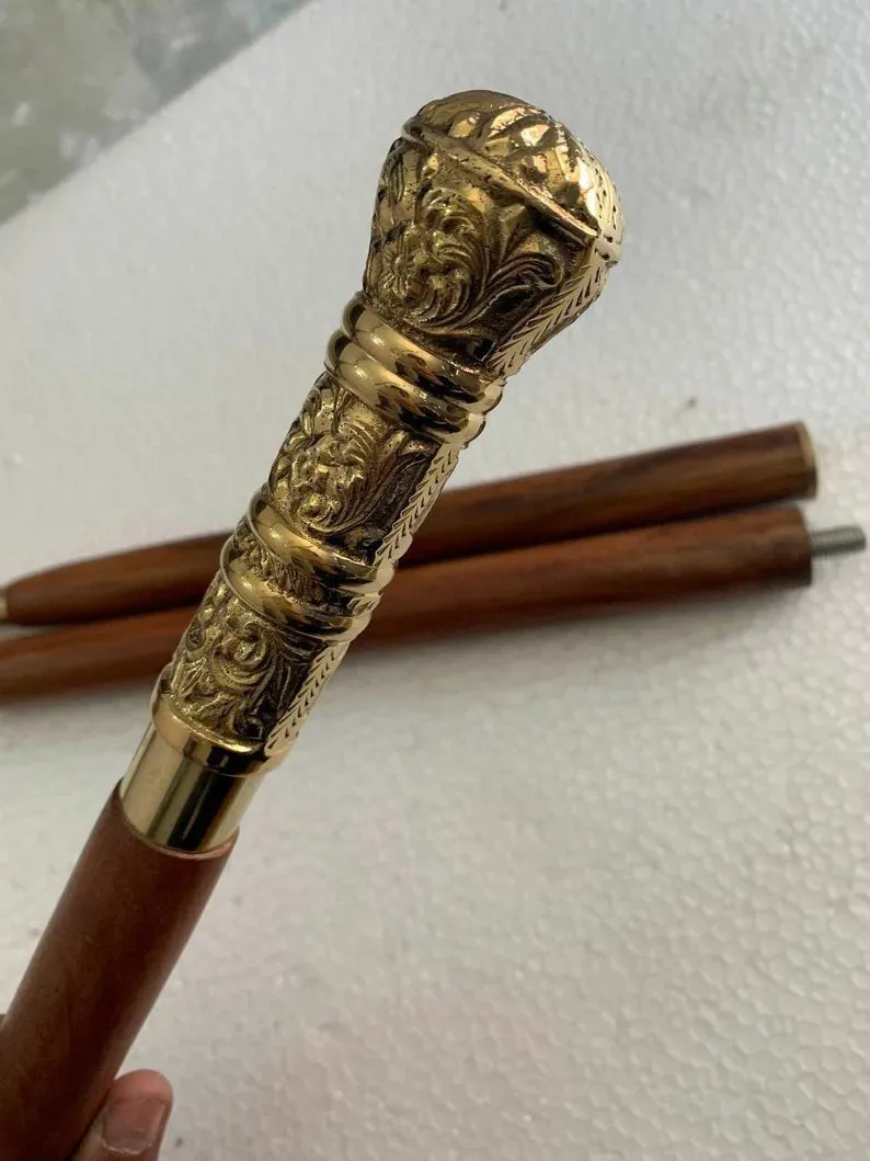 Long Antique Brass Handle Imperial Style Walking Stick