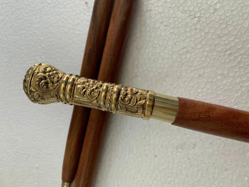 Long Antique Brass Handle Imperial Style Walking Stick