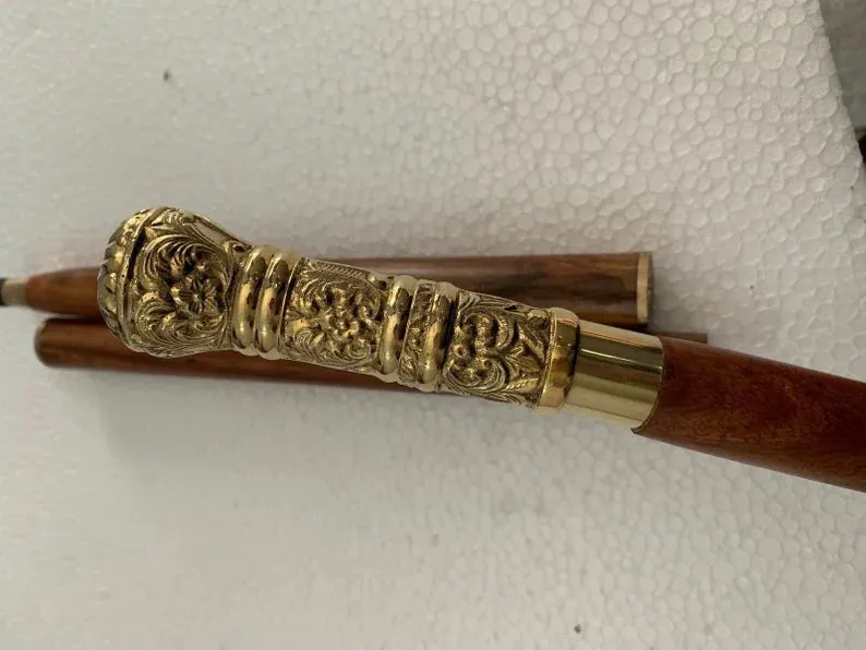 Long Antique Brass Handle Imperial Style Walking Stick