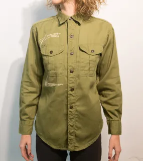 Long sleeve olive drab button up: two piranhas