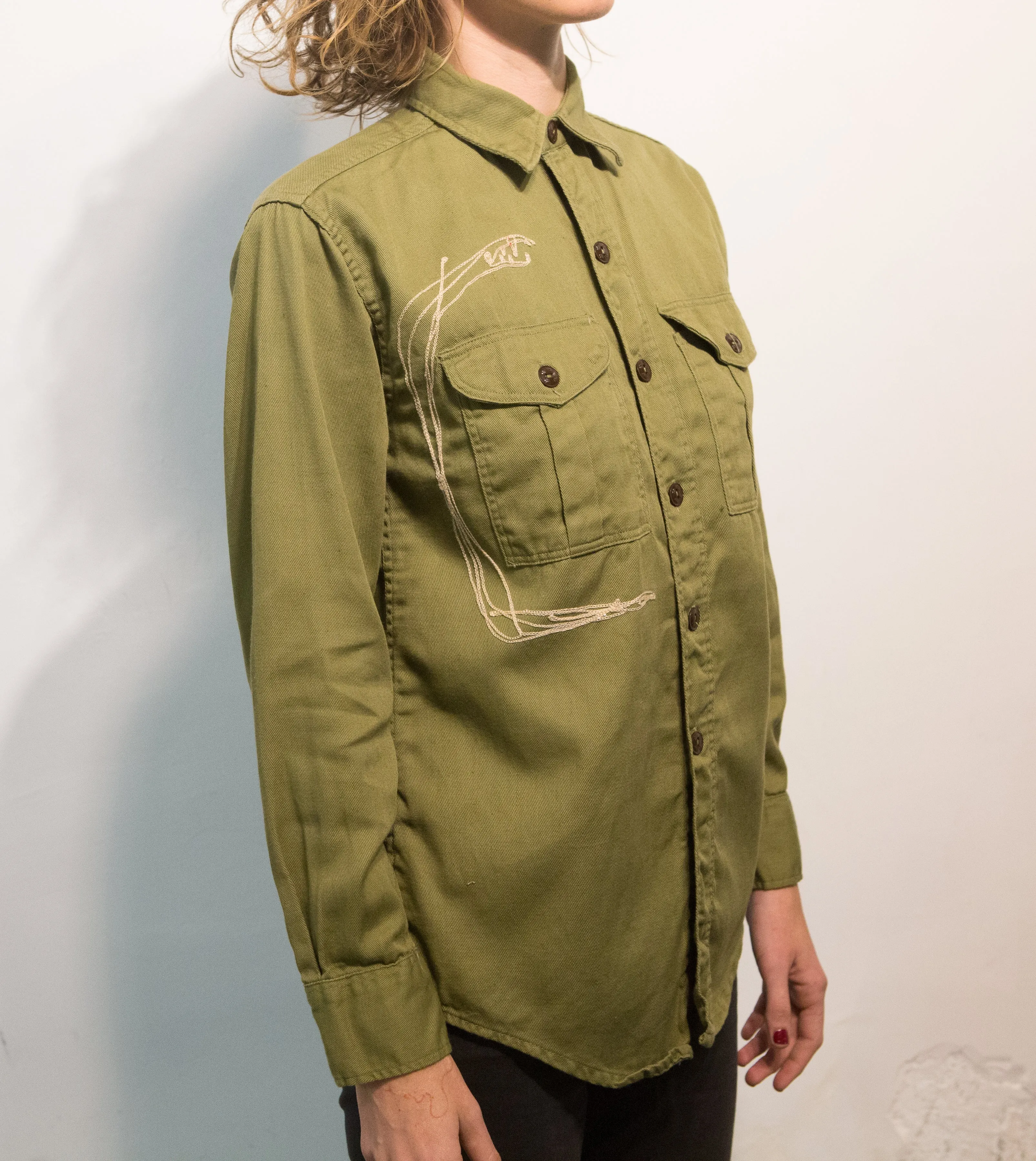 Long sleeve olive drab button up: two piranhas