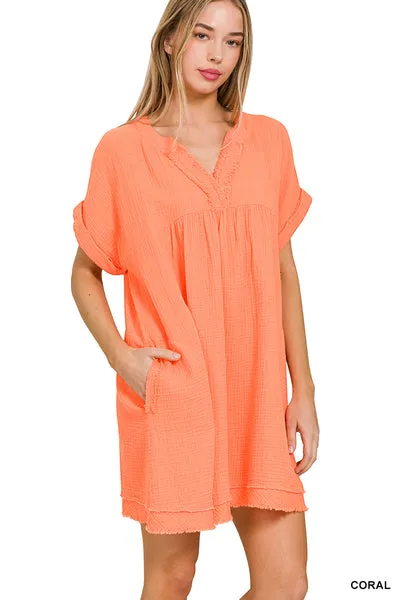 Looking Fly Gauze V Neck Dress  Coral Orange