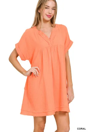 Looking Fly Gauze V Neck Dress  Coral Orange