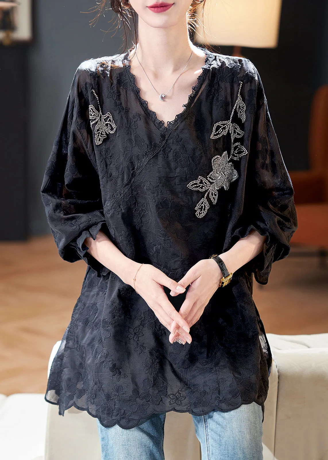 Loose Black Embroidered Nail Bead Silk Cotton Top Spring QA1007