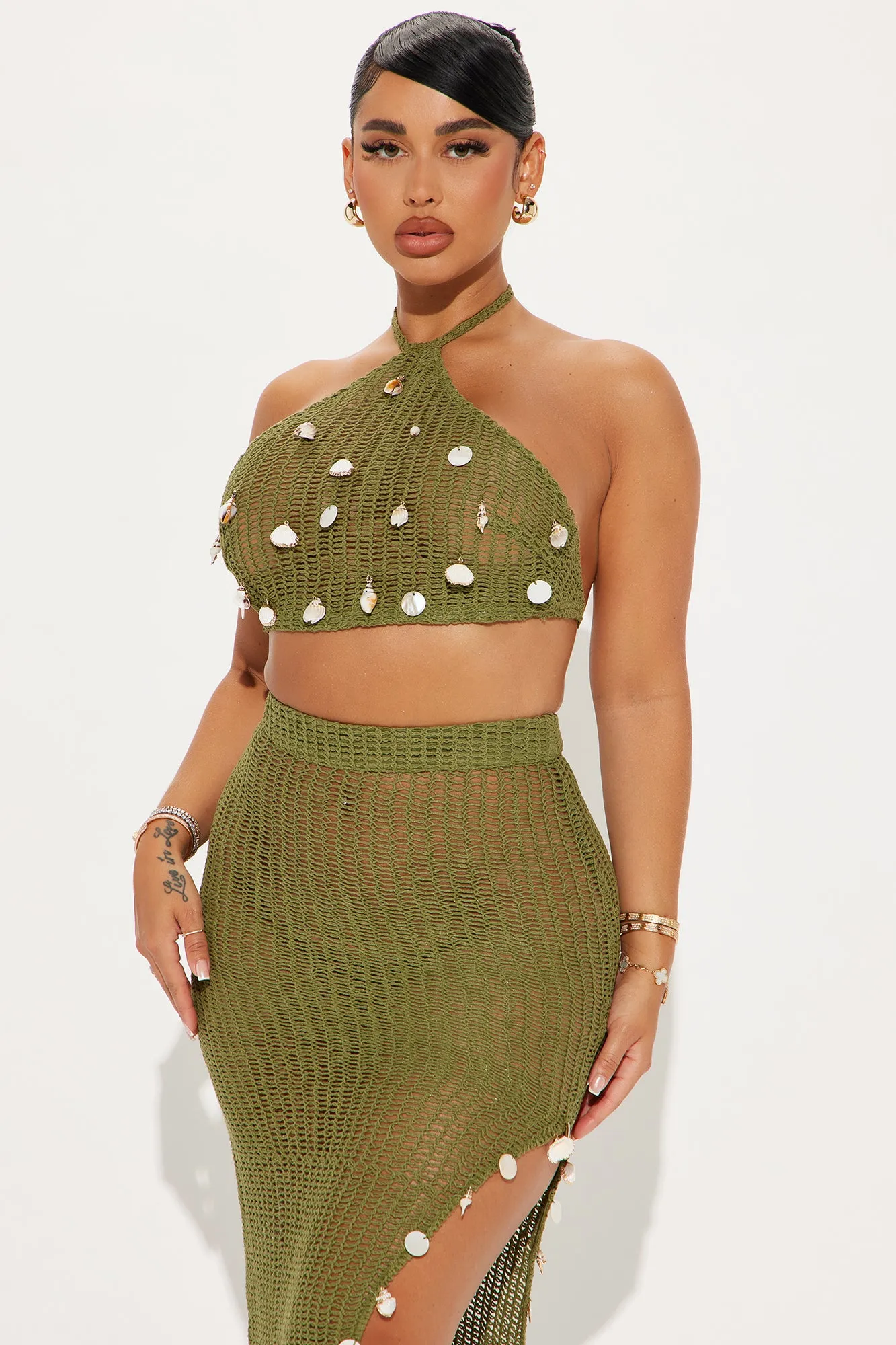 Lost In Seashells Crochet Skirt Set - Olive