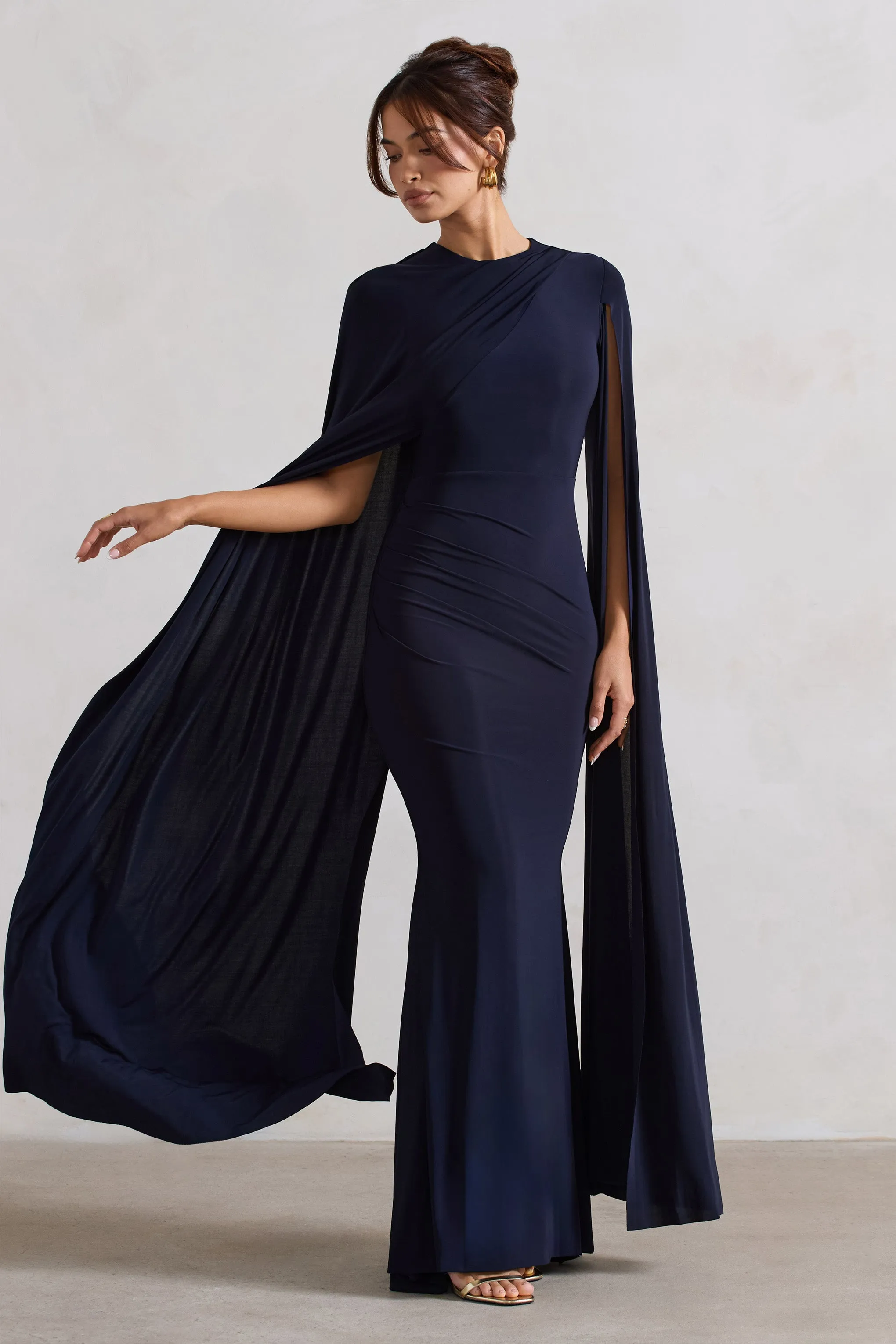 Magdelena | Navy Asymmetric Cape Maxi Dress