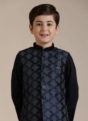 Manyavar Boys Dark Blue Imperial Jaal Patterned Jacket Set