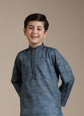 Manyavar Boys Mid Blue Imperial Paisley Patterned Kurta Set