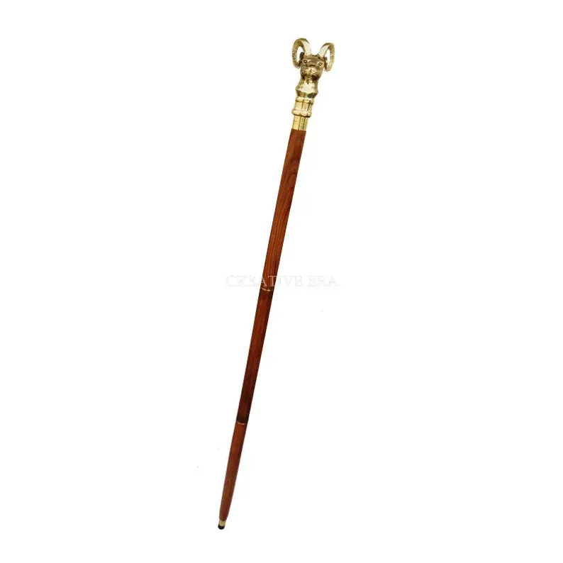 Mountain Goat Brass Handle Brown Wooden Walking Stick